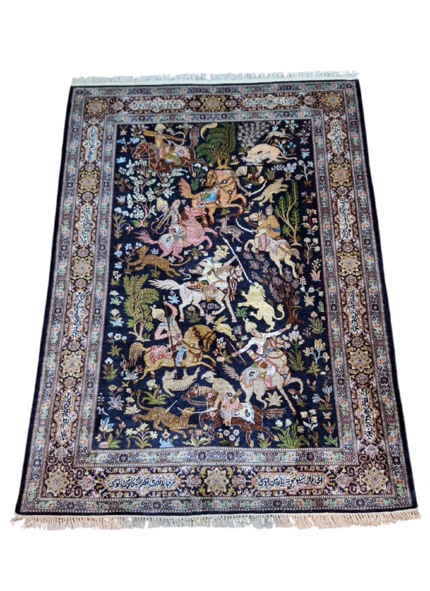 Vintage Hand Knotted Silk Rug Kashmir, India