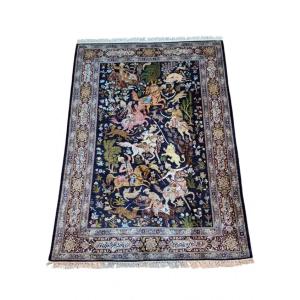 Vintage Hand Knotted Silk Rug Kashmir, India