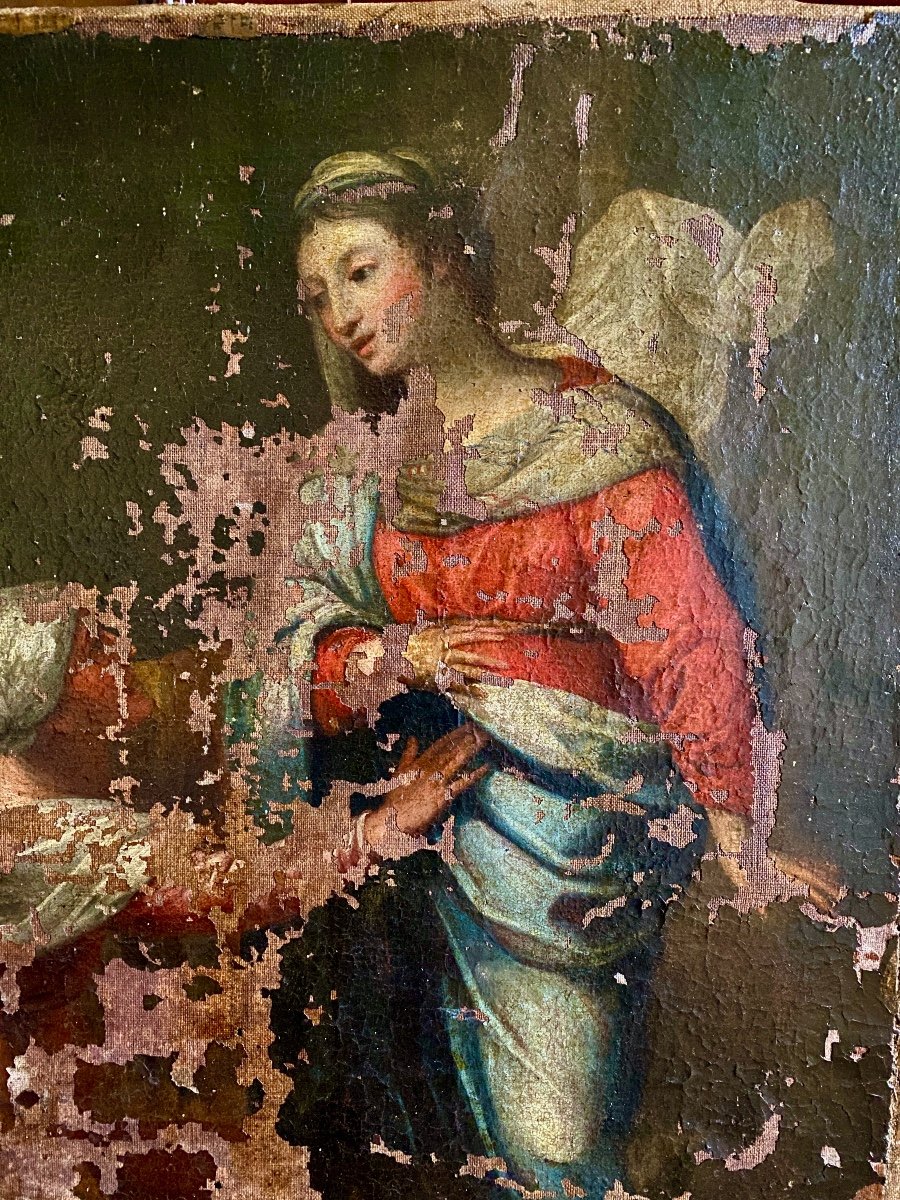 Huile Sur Toile XVIIème Jeune Femme Et Sa Servante