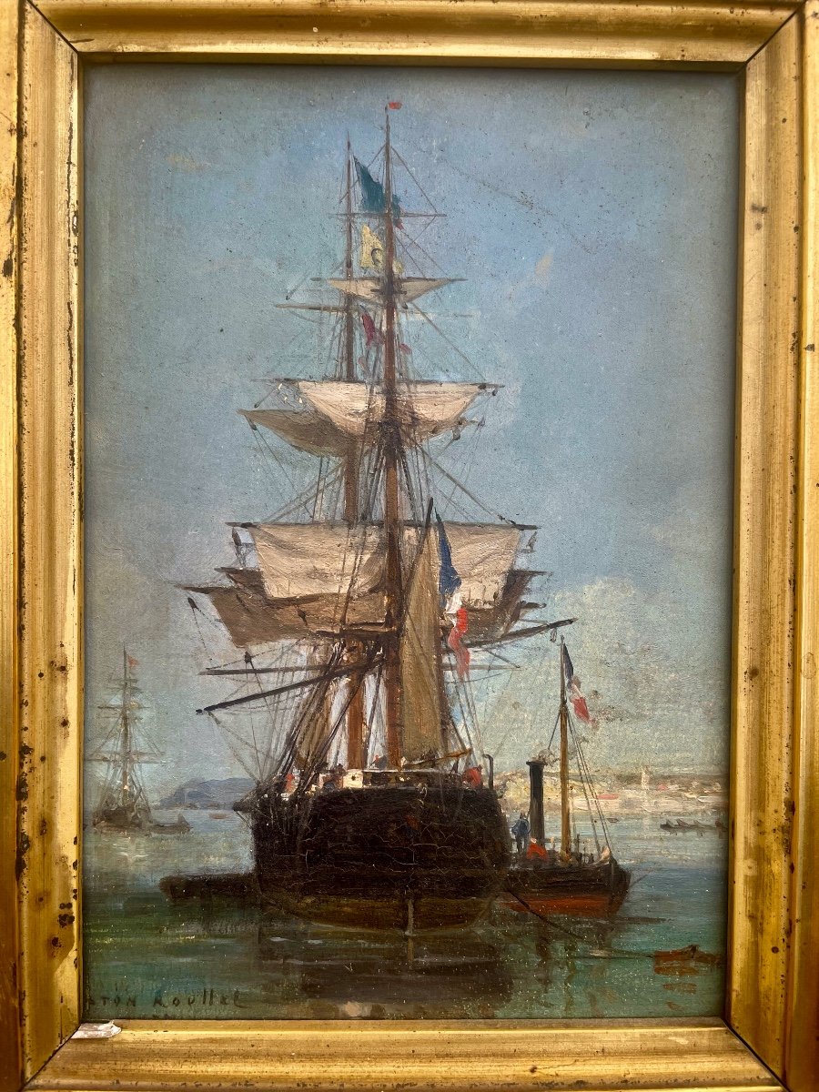 Marine By Gaston Roullet, Oil On Wood-photo-2