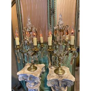 Pair Of 19th Century Girandoles, Table Chandeliers With Tassels