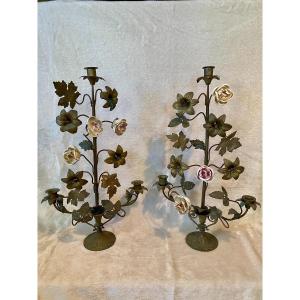 Pair Of Candlesticks, Candelabras, 19th Century Altar Candlesticks In Bronze 