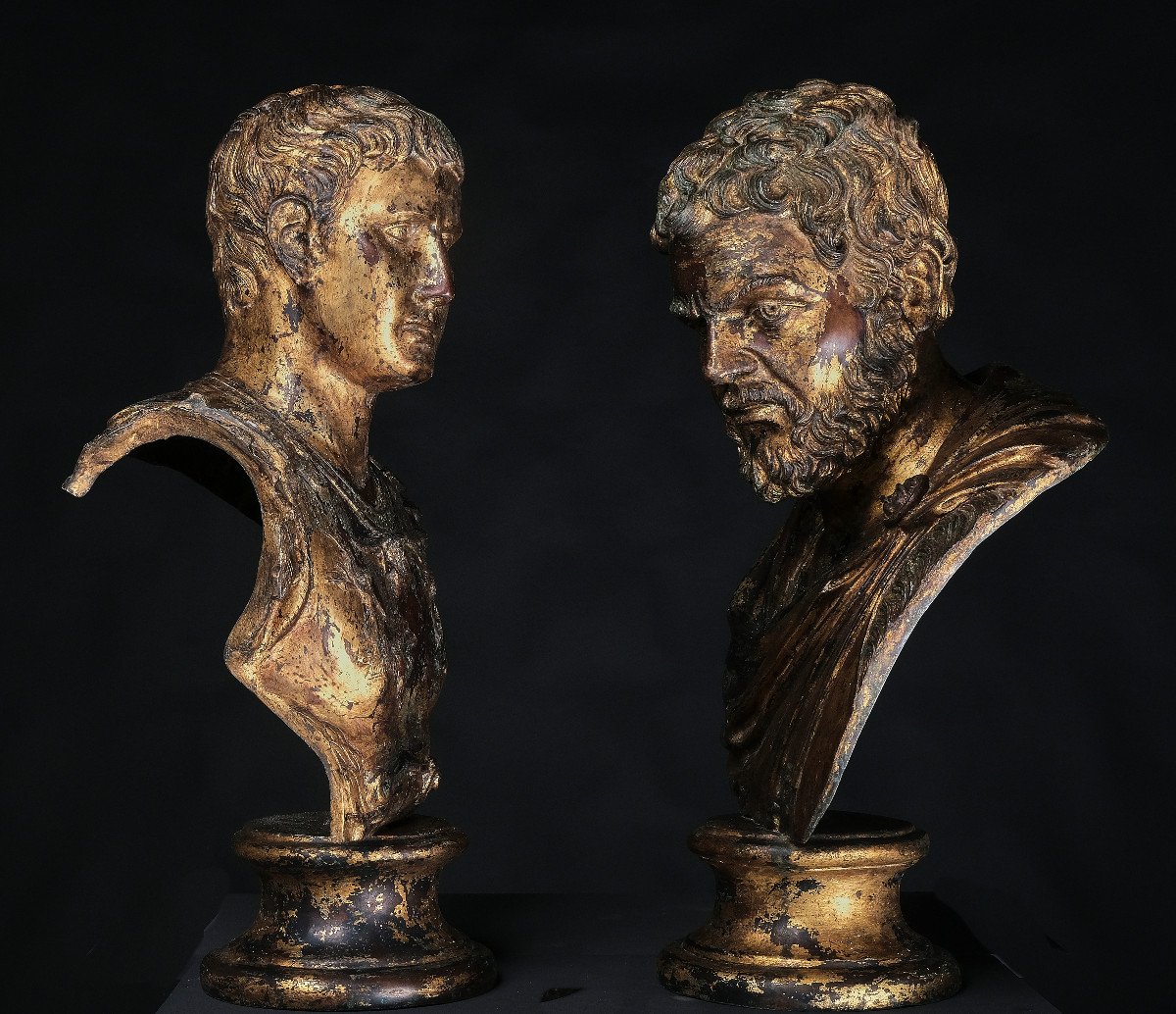 Pair Of Gilt Bronze Busts Of Caesar And Anthony, Naples, Late 19th Century-photo-4