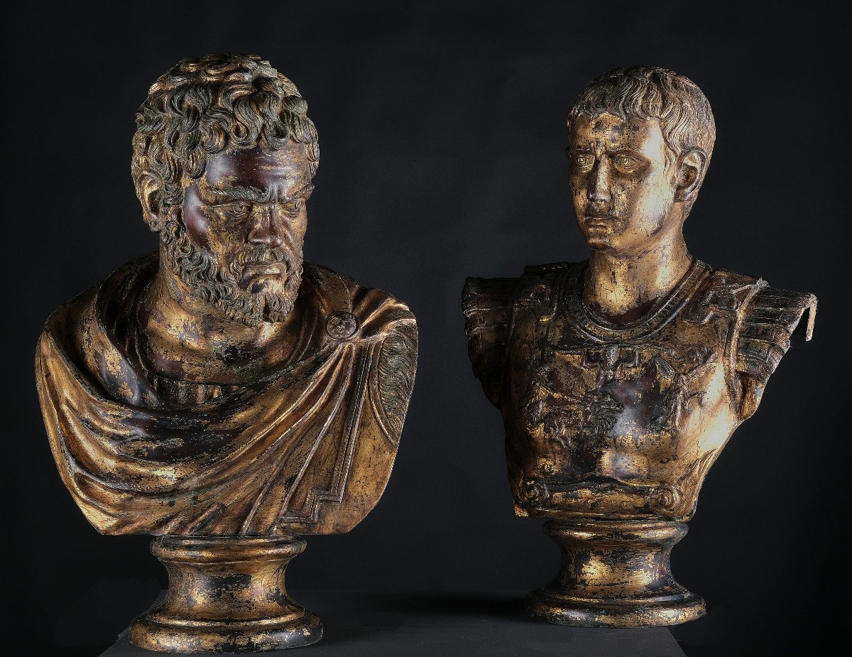 Pair Of Gilt Bronze Busts Of Caesar And Anthony, Naples, Late 19th Century