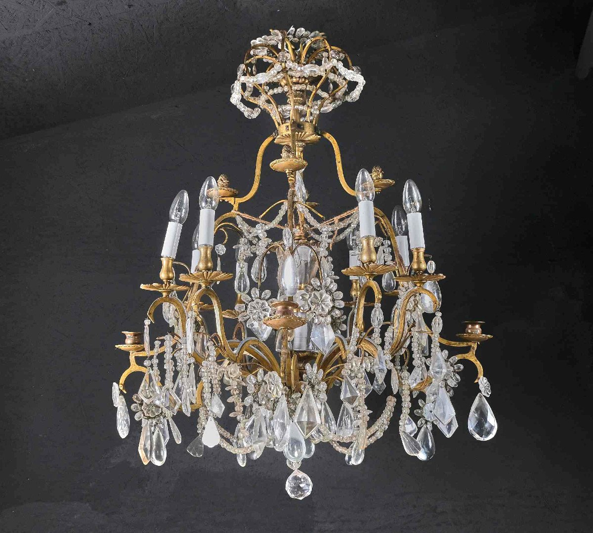 Very Beautiful Cage Chandelier In Rock Crystal And Gilt Bronze, Paris 19th