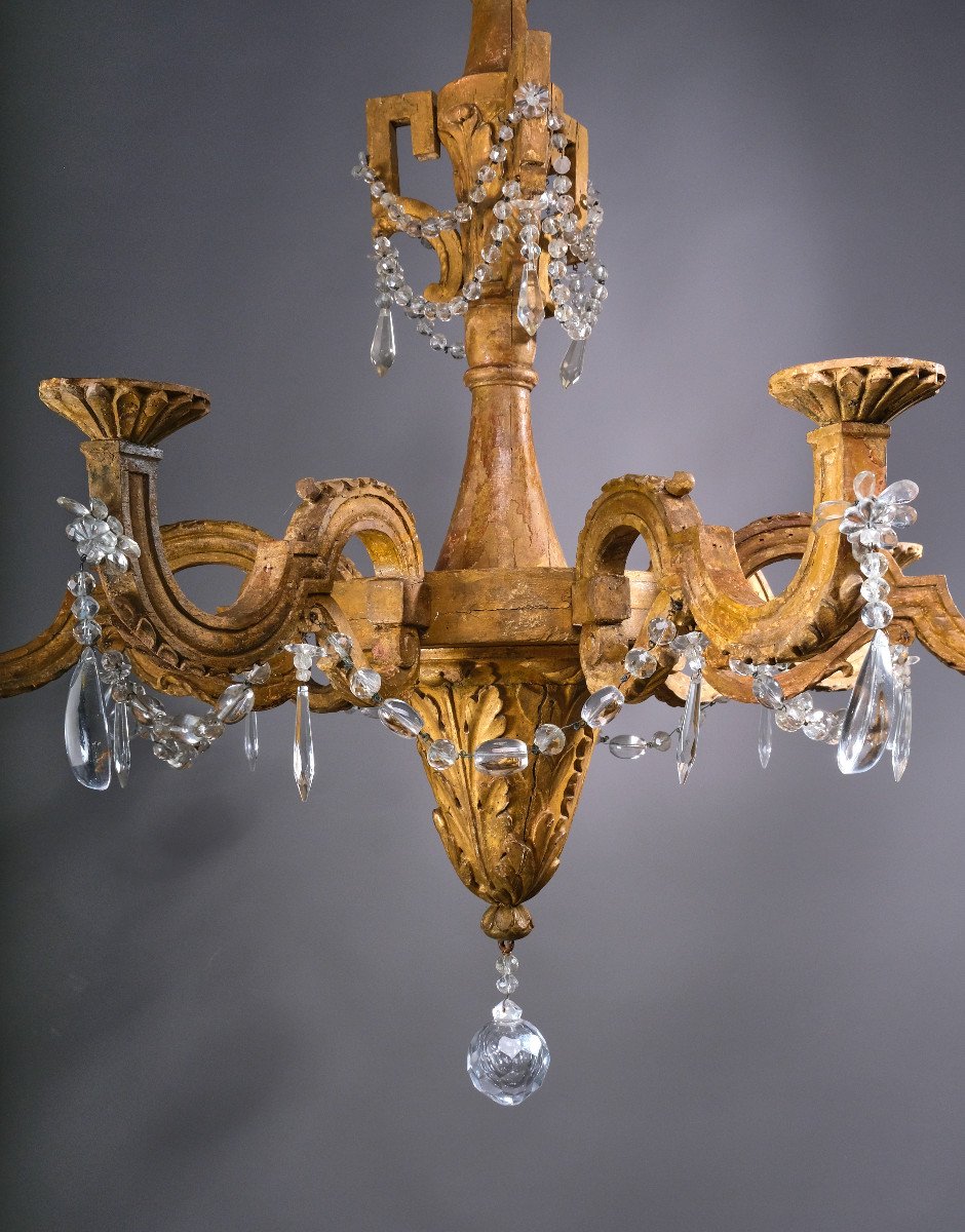 Important Lustre En Bois Doré, Epoque Louis-XVI, Italie Fin 18e-photo-2