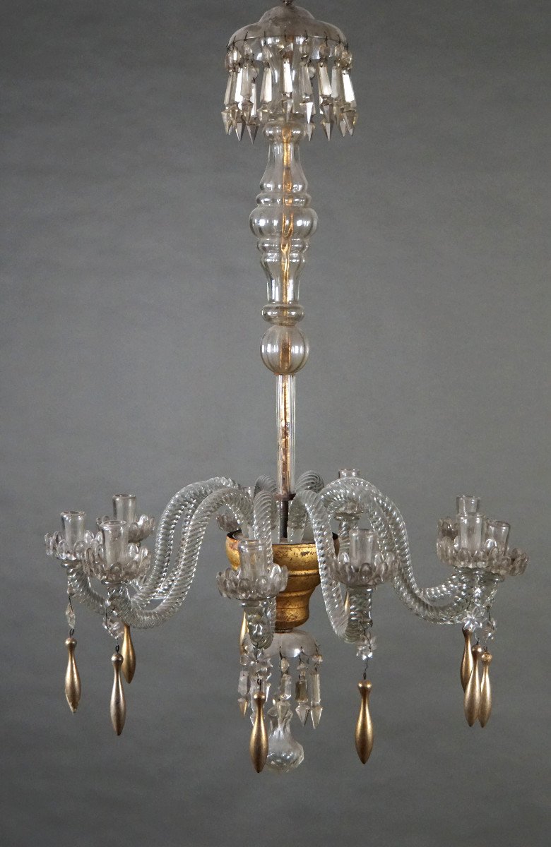 Lustre De l'époque Neoclassique, En Cristal De Murano Avec Du Bois Doré, Lucca Début 19ième