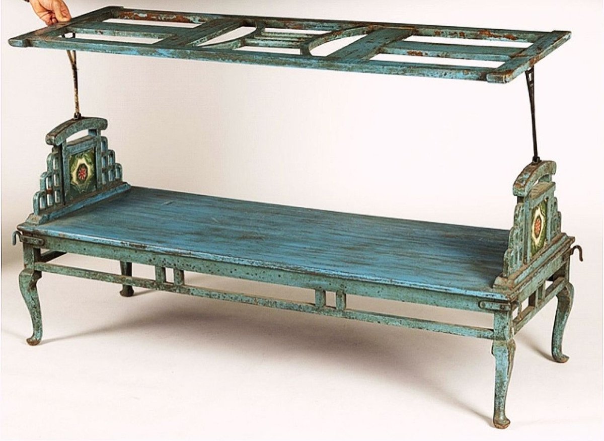 Blue Painted Garden Bench, Indie Late 19th Century -photo-3