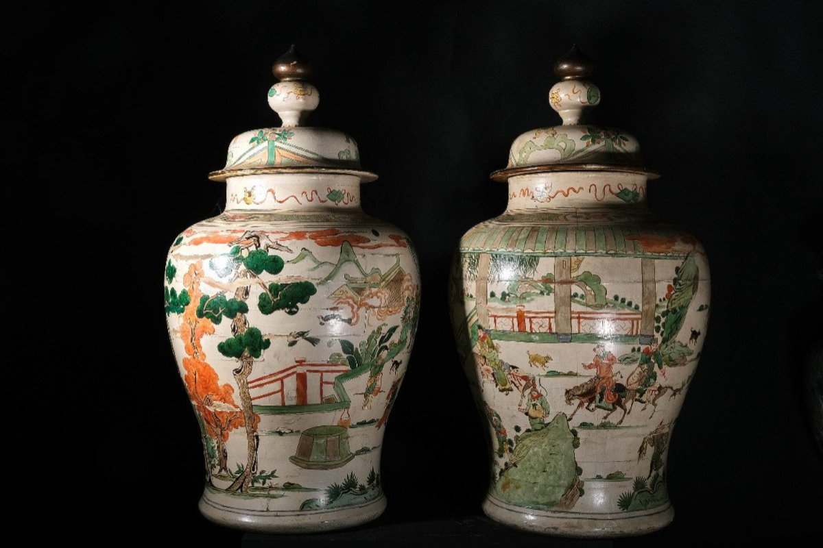 Paire De Grands Vases En Bois Avec Décoration En Laque De Chine "famille Vert", Piemont 19e-photo-2