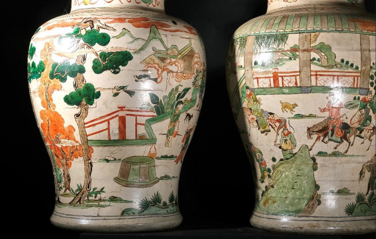 Paire De Grands Vases En Bois Avec Décoration En Laque De Chine "famille Vert", Piemont 19e-photo-1