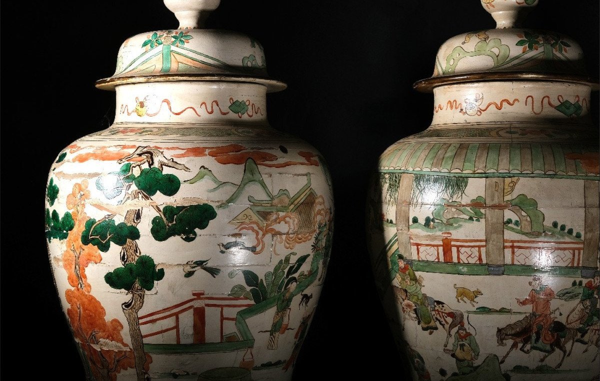 Paire De Grands Vases En Bois Avec Décoration En Laque De Chine "famille Vert", Piemont 19e-photo-2