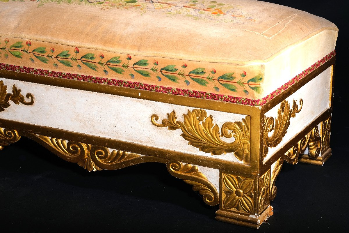 Unusual Upholstered Bench With Relief Decoration On Three Sides, Italy 19th Century-photo-2