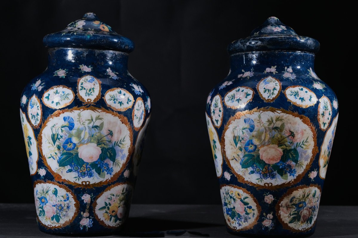 Pair Of Dark Blue Glass “arte Povera” Lidded Vases, Piedmont 19th C.-photo-2