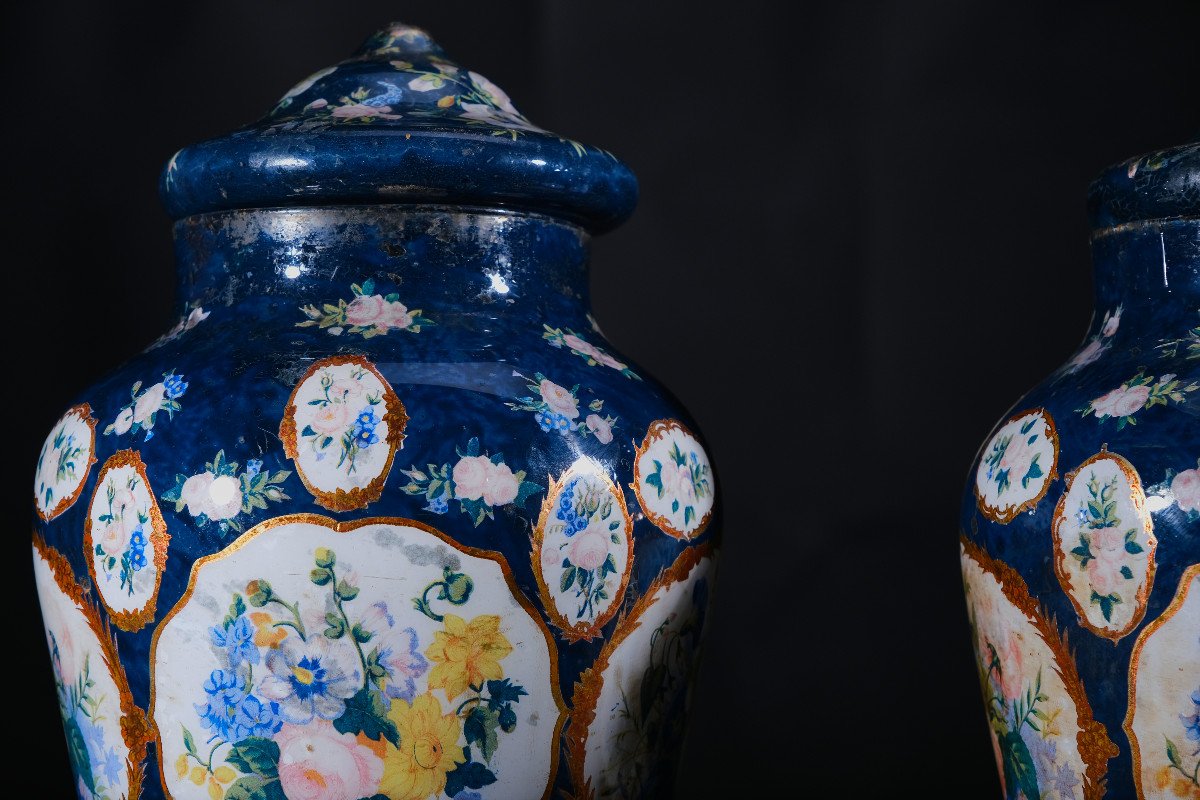 Pair Of Dark Blue Glass “arte Povera” Lidded Vases, Piedmont 19th C.-photo-3