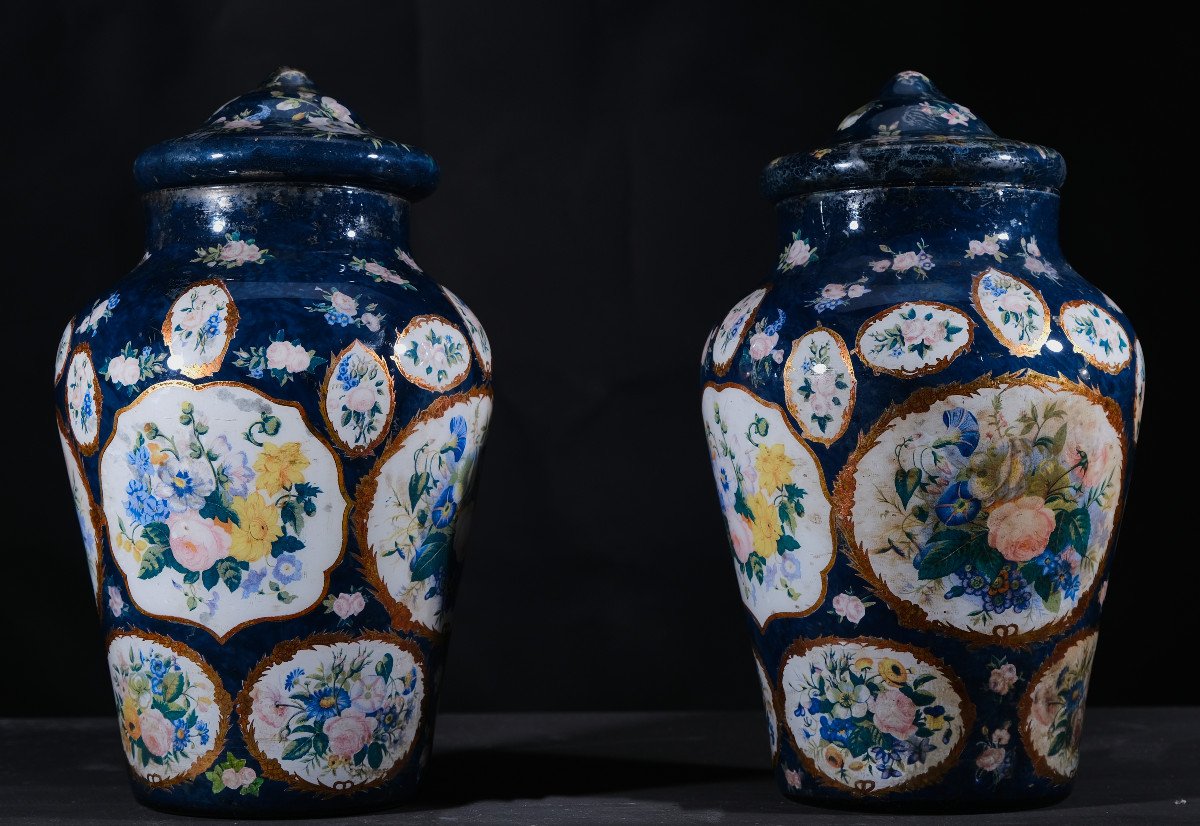 Pair Of Dark Blue Glass “arte Povera” Lidded Vases, Piedmont 19th C.