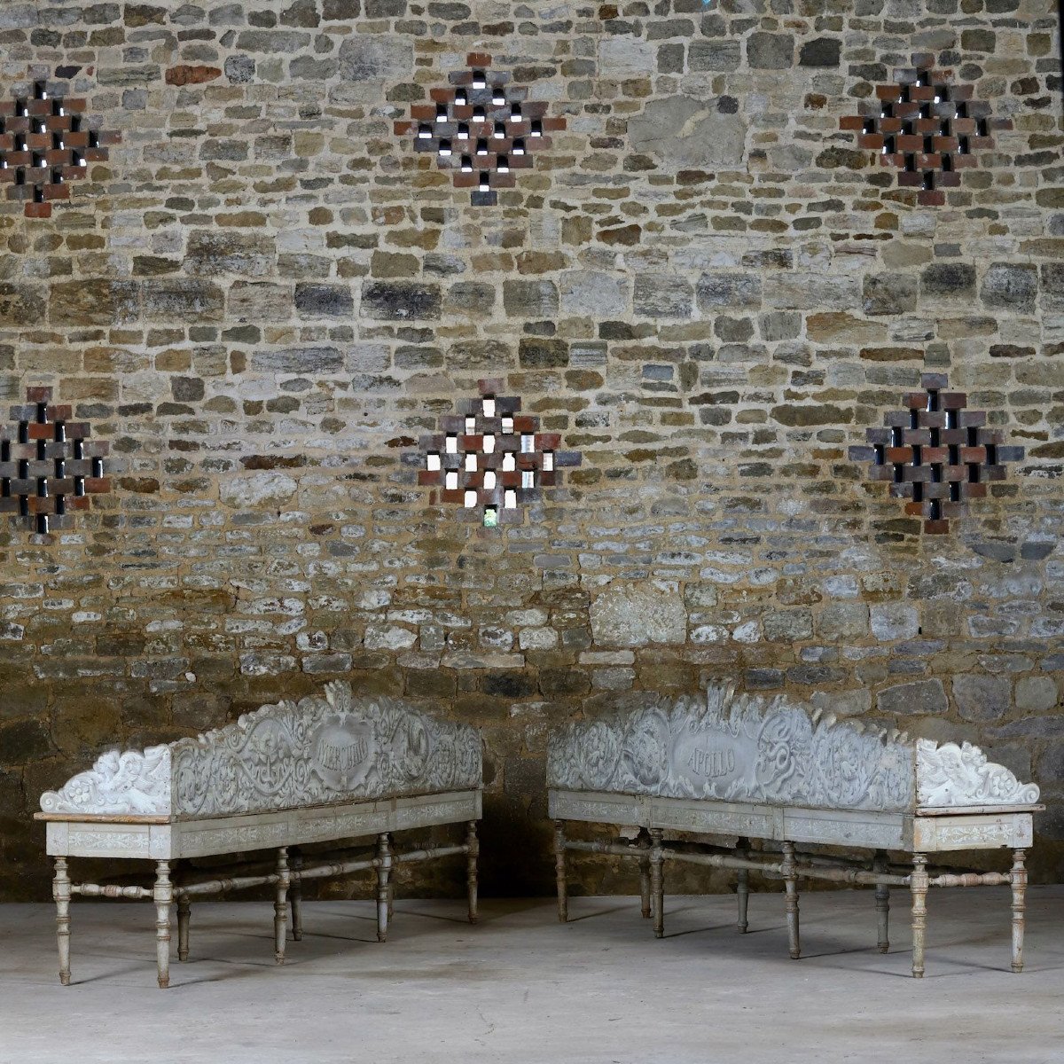 Pair Of Benches From Villa Suvera With Coat Of Arms Of The Lucchesi Palli Family, Siena, 1847-photo-2