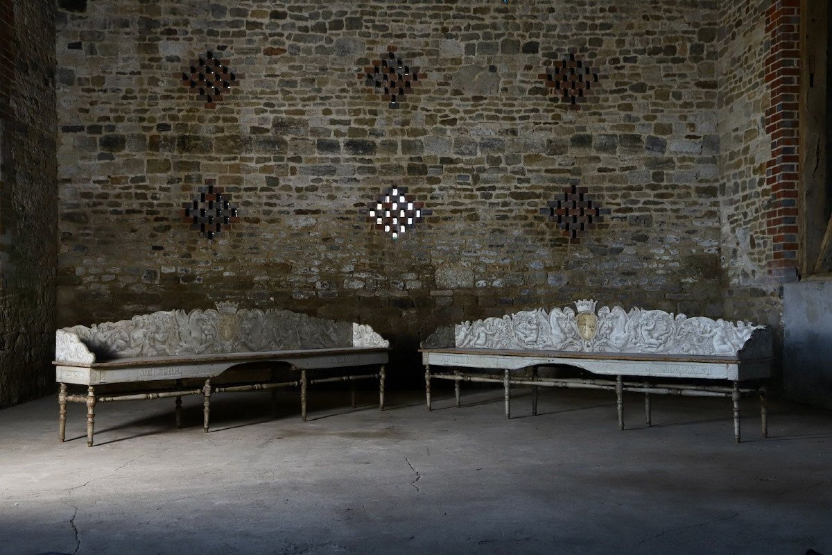 Pair Of Benches From Villa Suvera With Coat Of Arms Of The Lucchesi Palli Family, Siena, 1847-photo-4