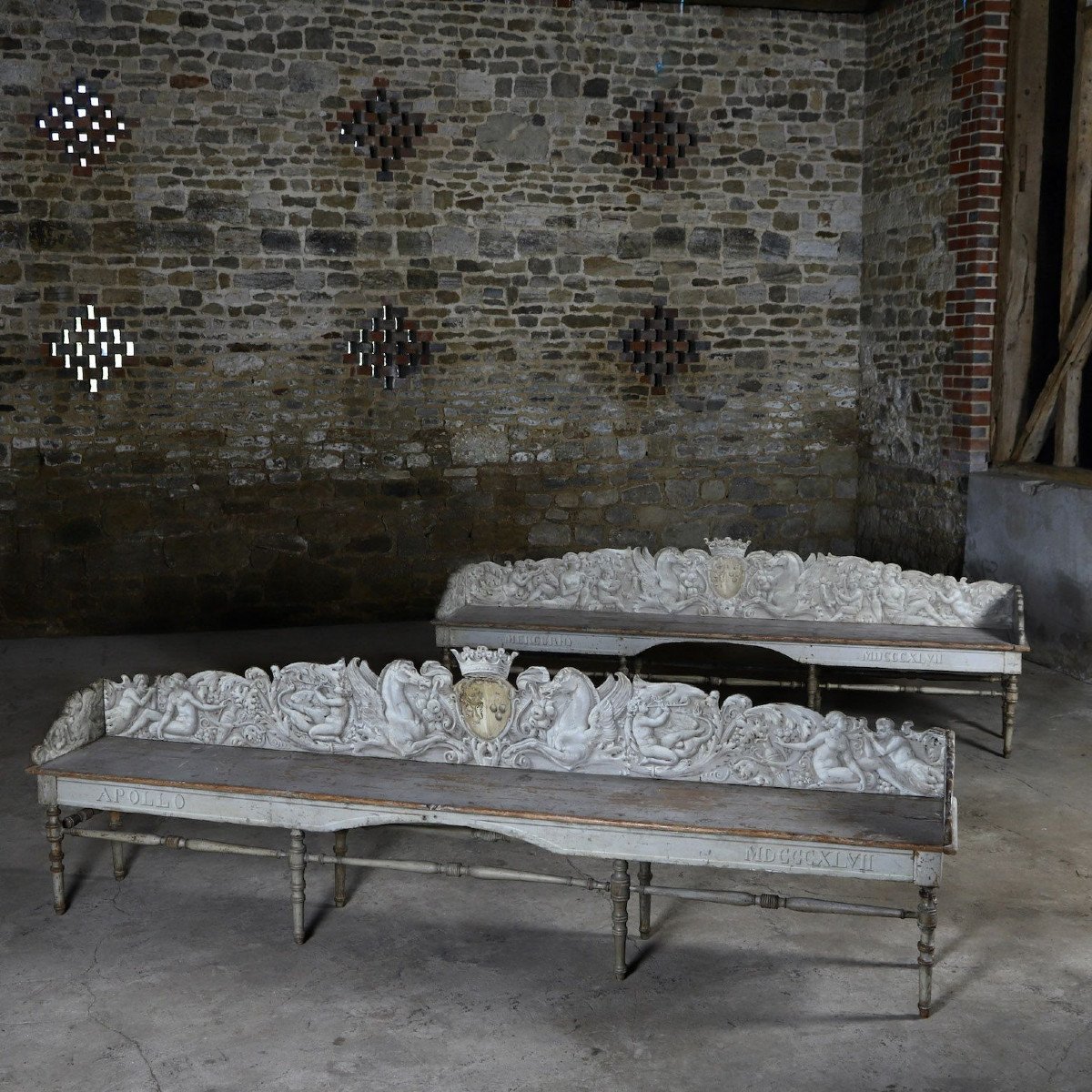 Pair Of Benches From Villa Suvera With Coat Of Arms Of The Lucchesi Palli Family, Siena, 1847