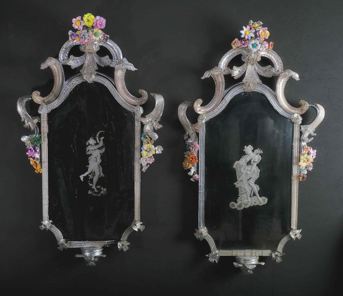 Pair Of Extremely Rare Murano Mirrors With Flowers, Murano Circa 1730-photo-2