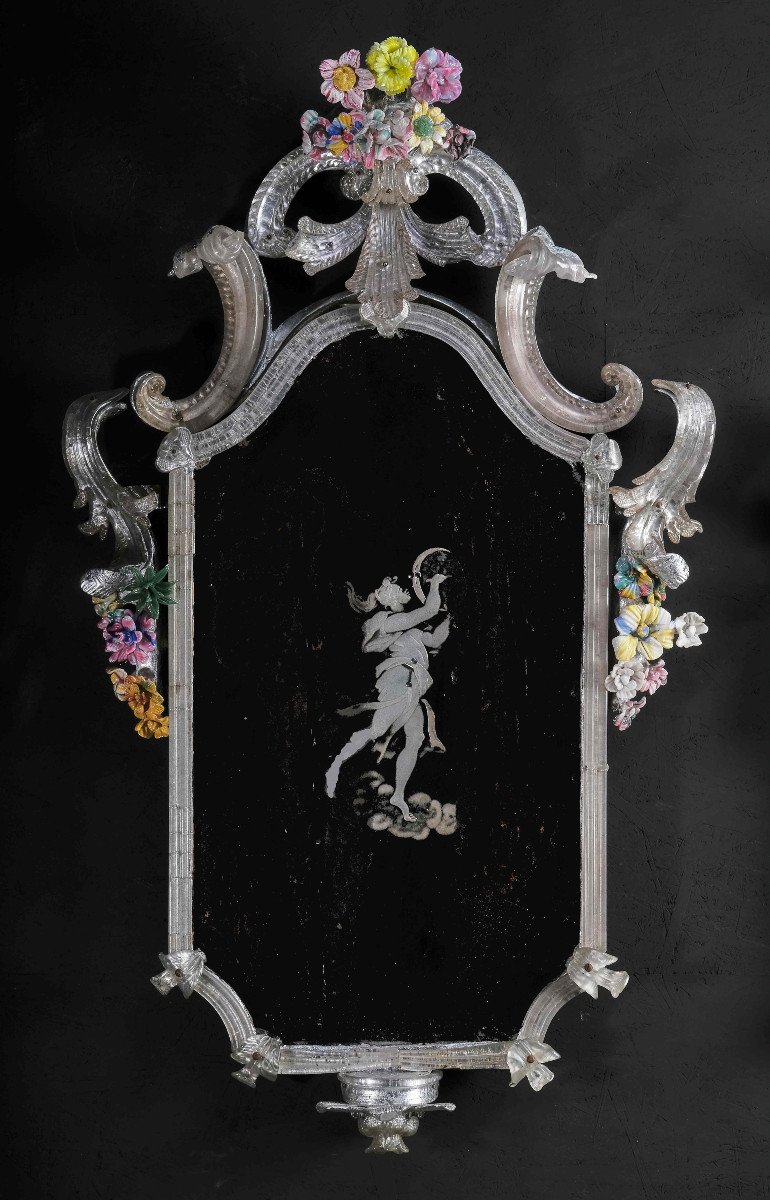 Pair Of Extremely Rare Murano Mirrors With Flowers, Murano Circa 1730-photo-3