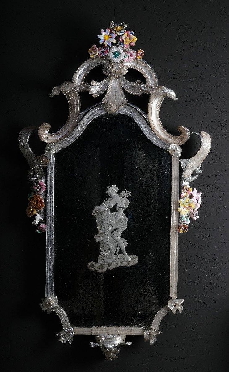 Pair Of Extremely Rare Murano Mirrors With Flowers, Murano Circa 1730-photo-4