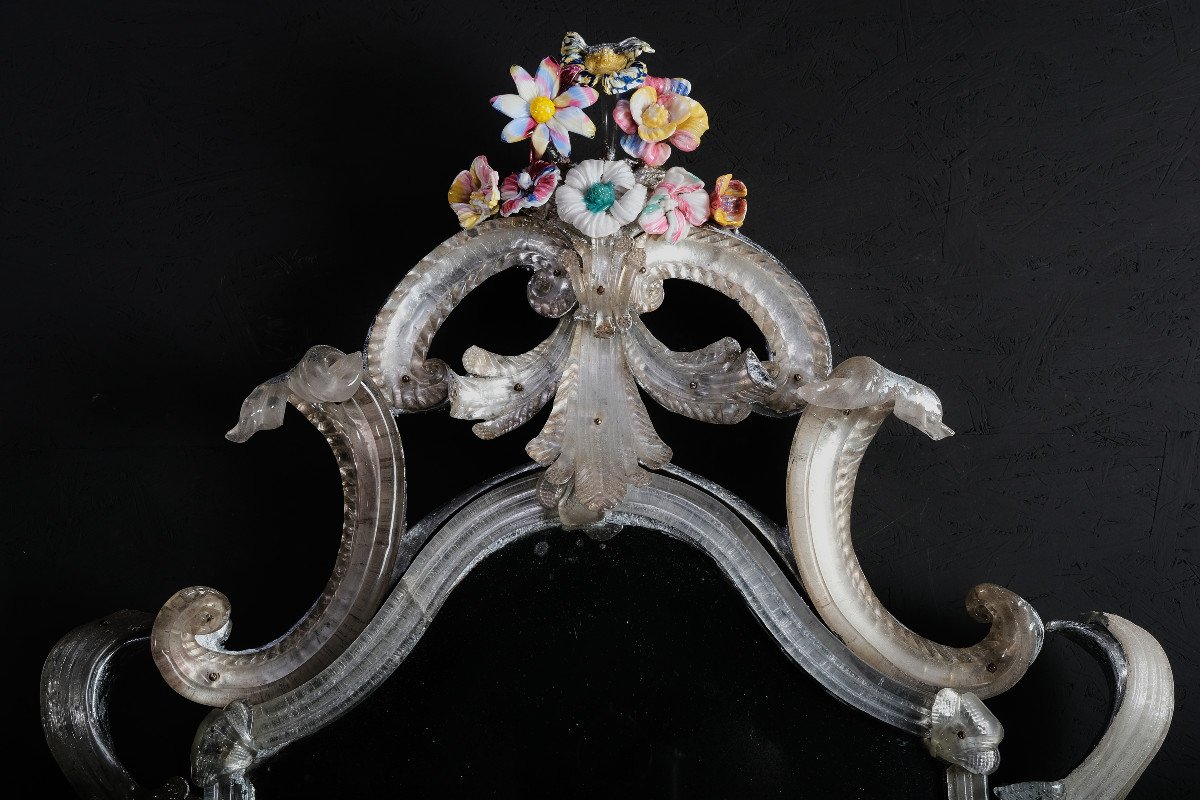 Pair Of Extremely Rare Murano Mirrors With Flowers, Murano Circa 1730-photo-3