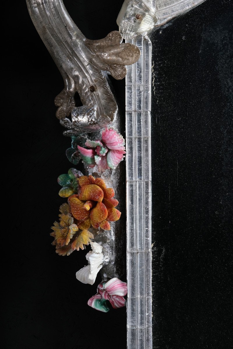 Pair Of Extremely Rare Murano Mirrors With Flowers, Murano Circa 1730-photo-4