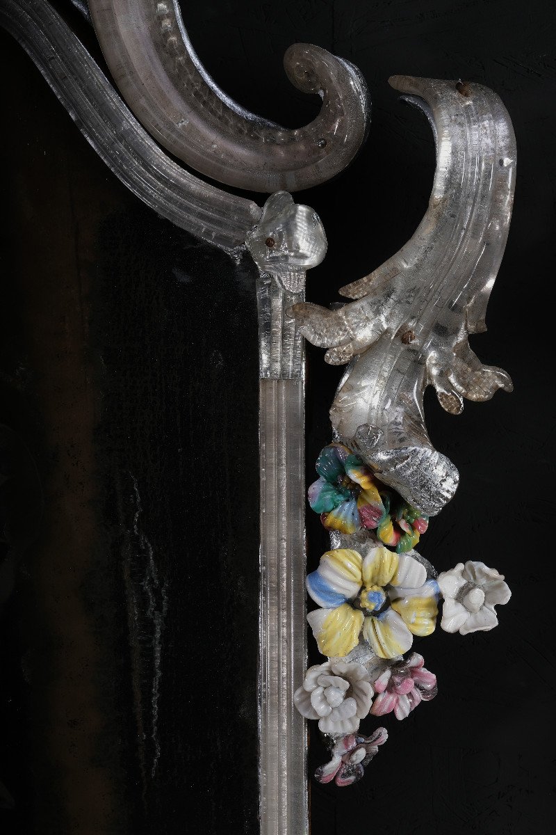 Pair Of Extremely Rare Murano Mirrors With Flowers, Murano Circa 1730-photo-6