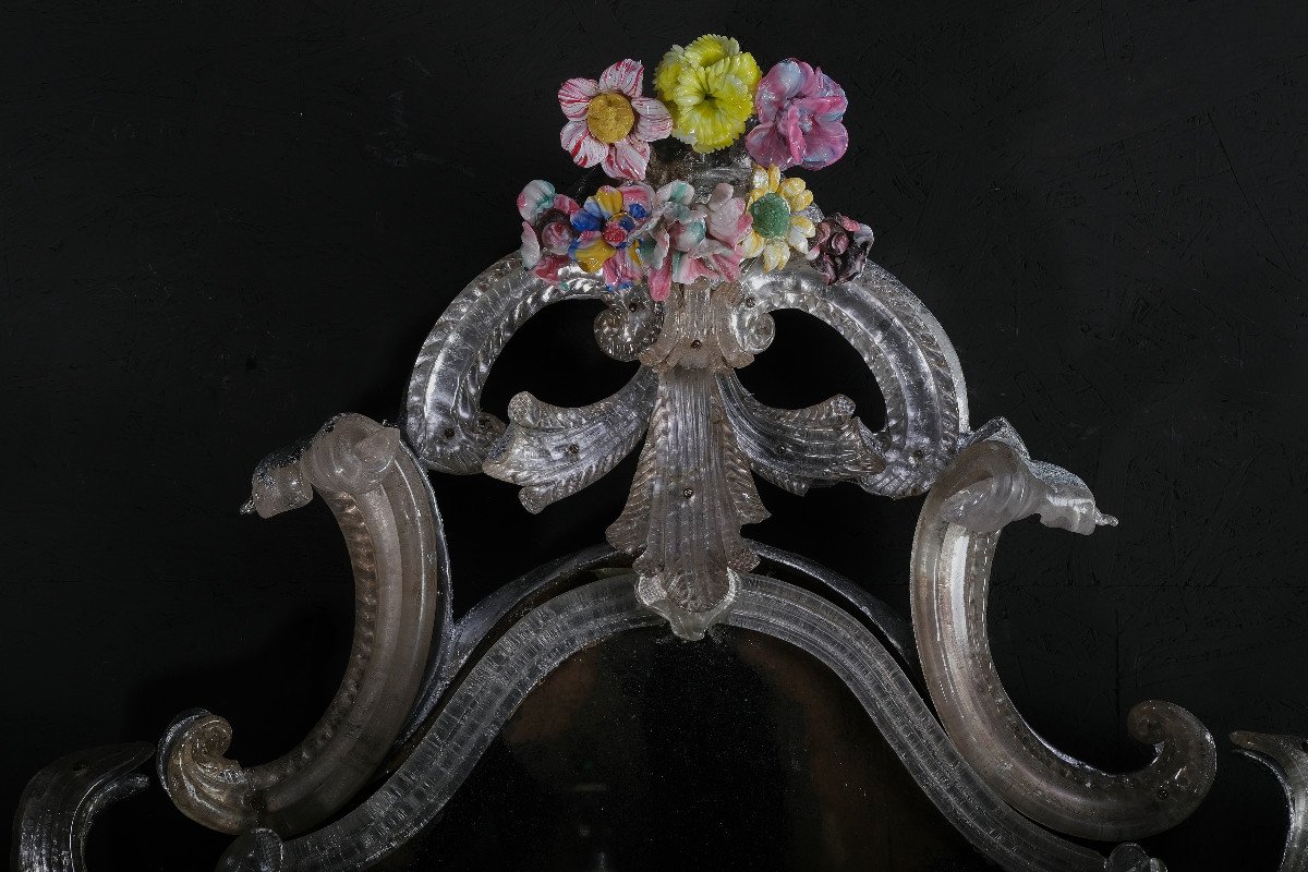 Pair Of Extremely Rare Murano Mirrors With Flowers, Murano Circa 1730-photo-8