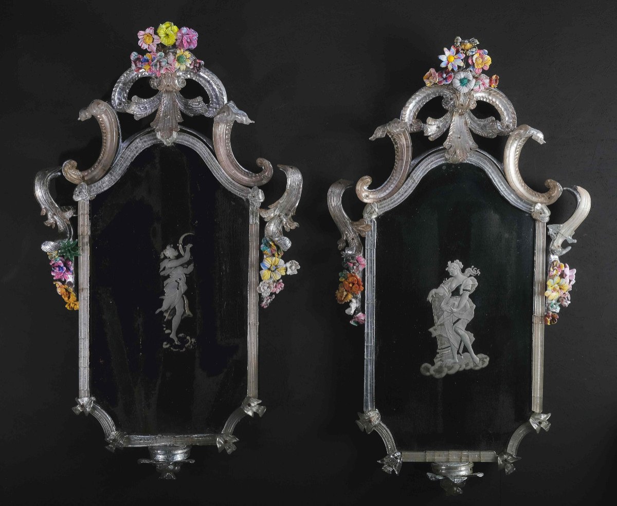 Pair Of Extremely Rare Murano Mirrors With Flowers, Murano Circa 1730