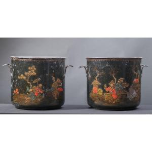 Pair Of Chinese Lacquered Metal Planters, France Mid 18th Century
