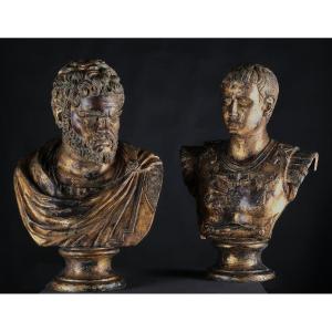 Paire De Bustes En Bronze Doré De César Et Antoine, Naples,  Fin 19e Siècle