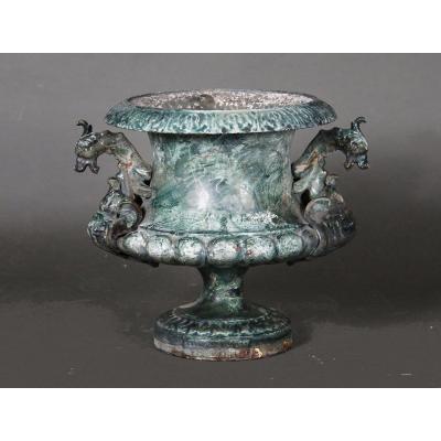 Enameled Cast Iron Vase With A Faut Marble Decor, France, 19th Century