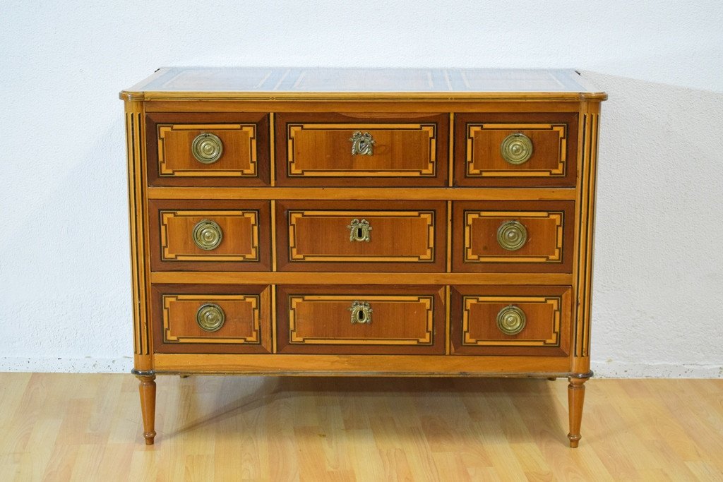 Louis XVI Style Secretary Chest Of Drawers With Marquetry In Various Woods-photo-3