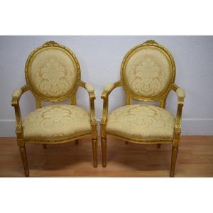 Pair Of Louis XVI Cabriolet Armchairs In Golden Wood