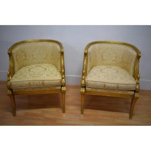 Pair Of Empire Swan Neck Armchairs In Golden Wood