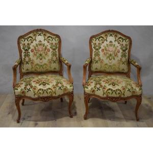 Pair Of Louis XV Armchairs In Walnut