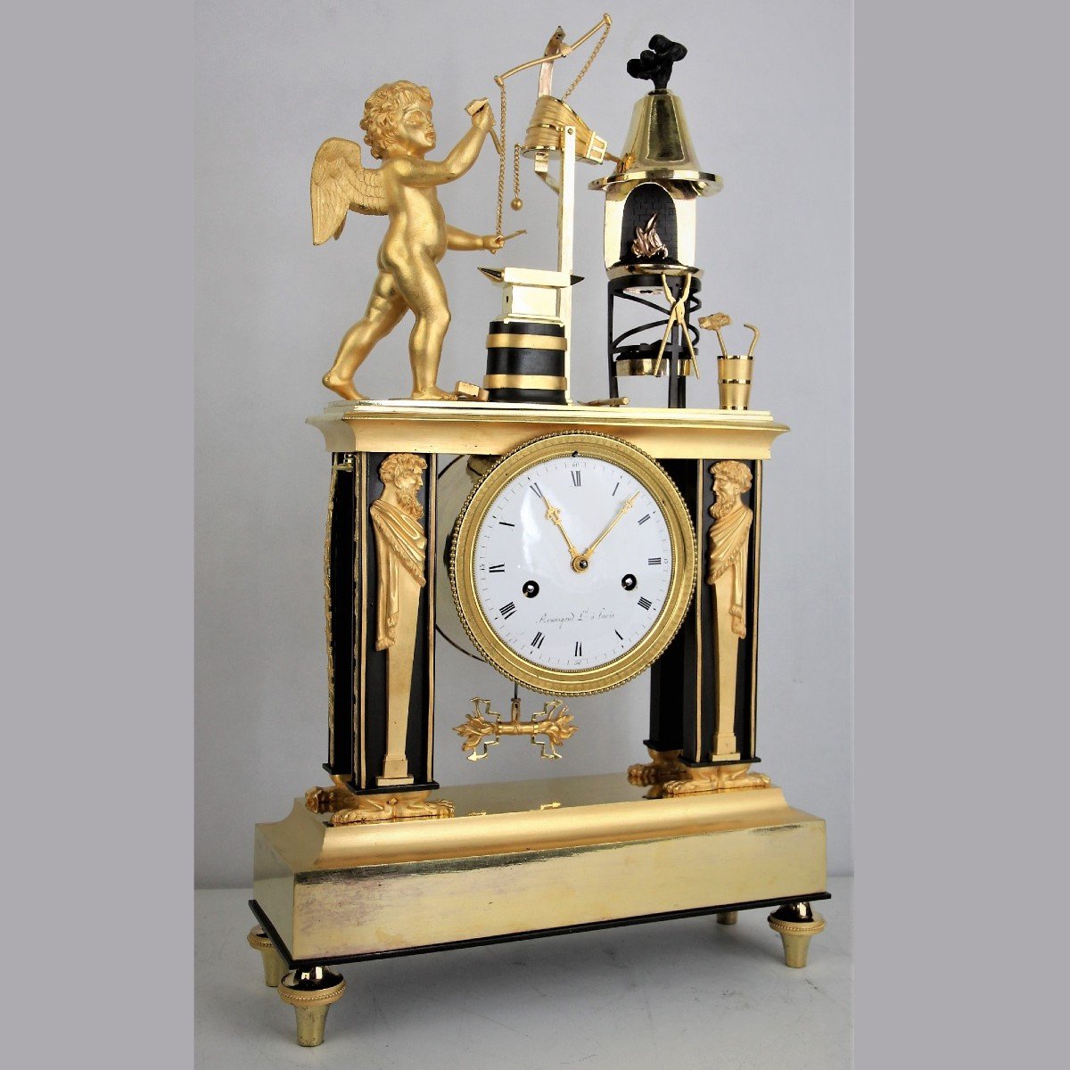 Empire Mantel Clock, Portico Clock In Gilt Bronze "cupid's Blacksmith" Model Jean-simon Deverbe-photo-2