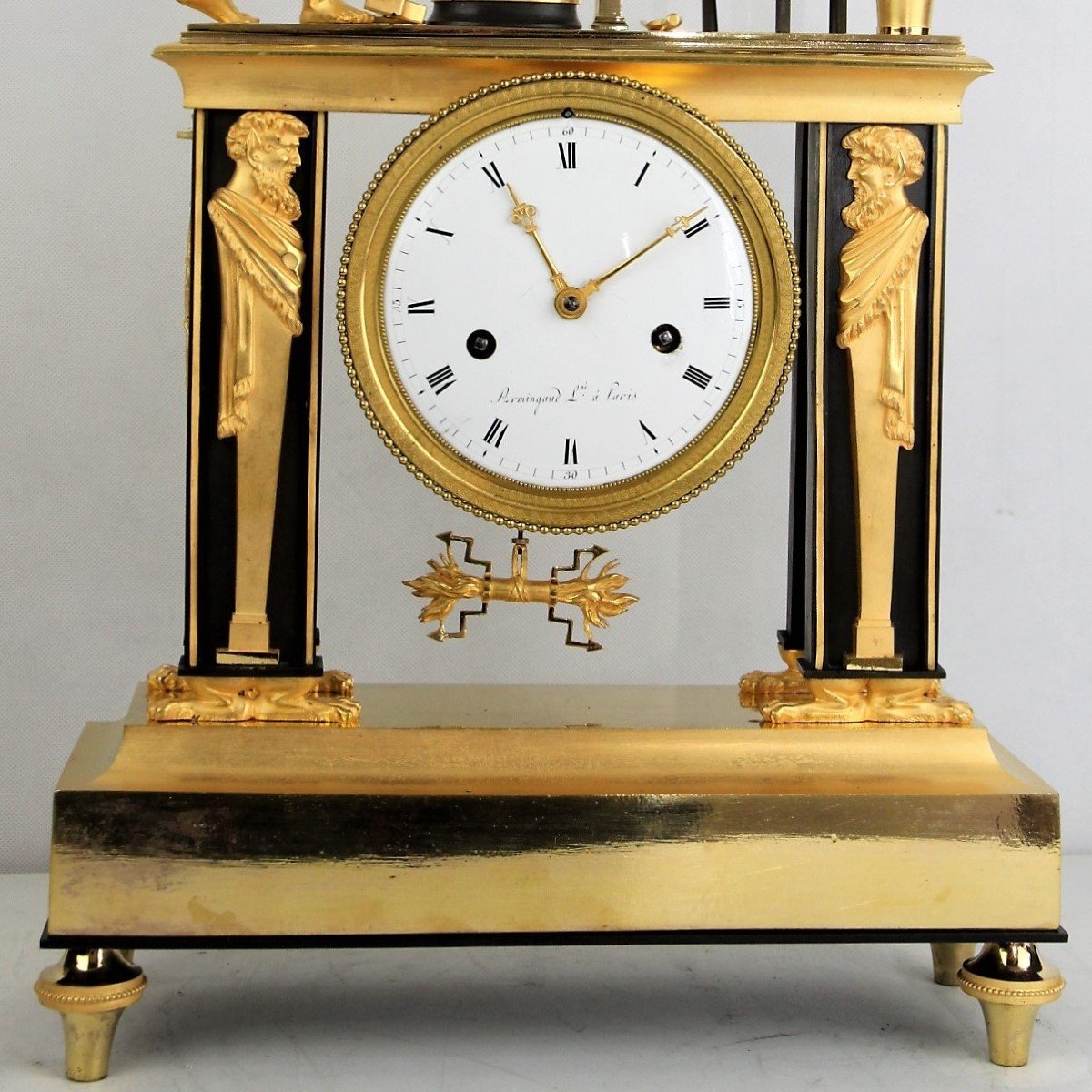 Empire Mantel Clock, Portico Clock In Gilt Bronze "cupid's Blacksmith" Model Jean-simon Deverbe-photo-3