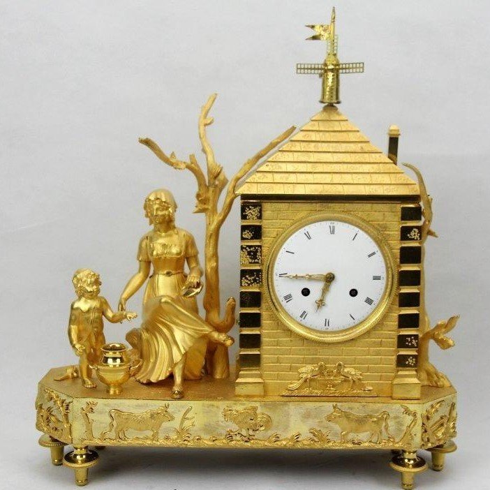 Gilt Bronze Ormolu Mantel Clock Empire Period Pendulum "the Mill"-photo-3