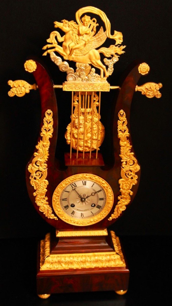 Pendule Lyre En Bois d'Acajou Période 1840-1850-photo-4