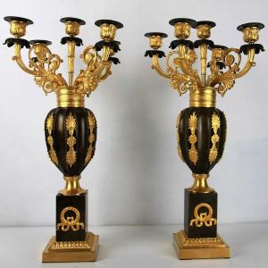 Pair Of Candelabra Vases, Restoration Period In Gilt And Patinated Bronze