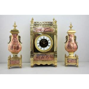 French Clock With A Set Of Two-tone Bronze Vases
