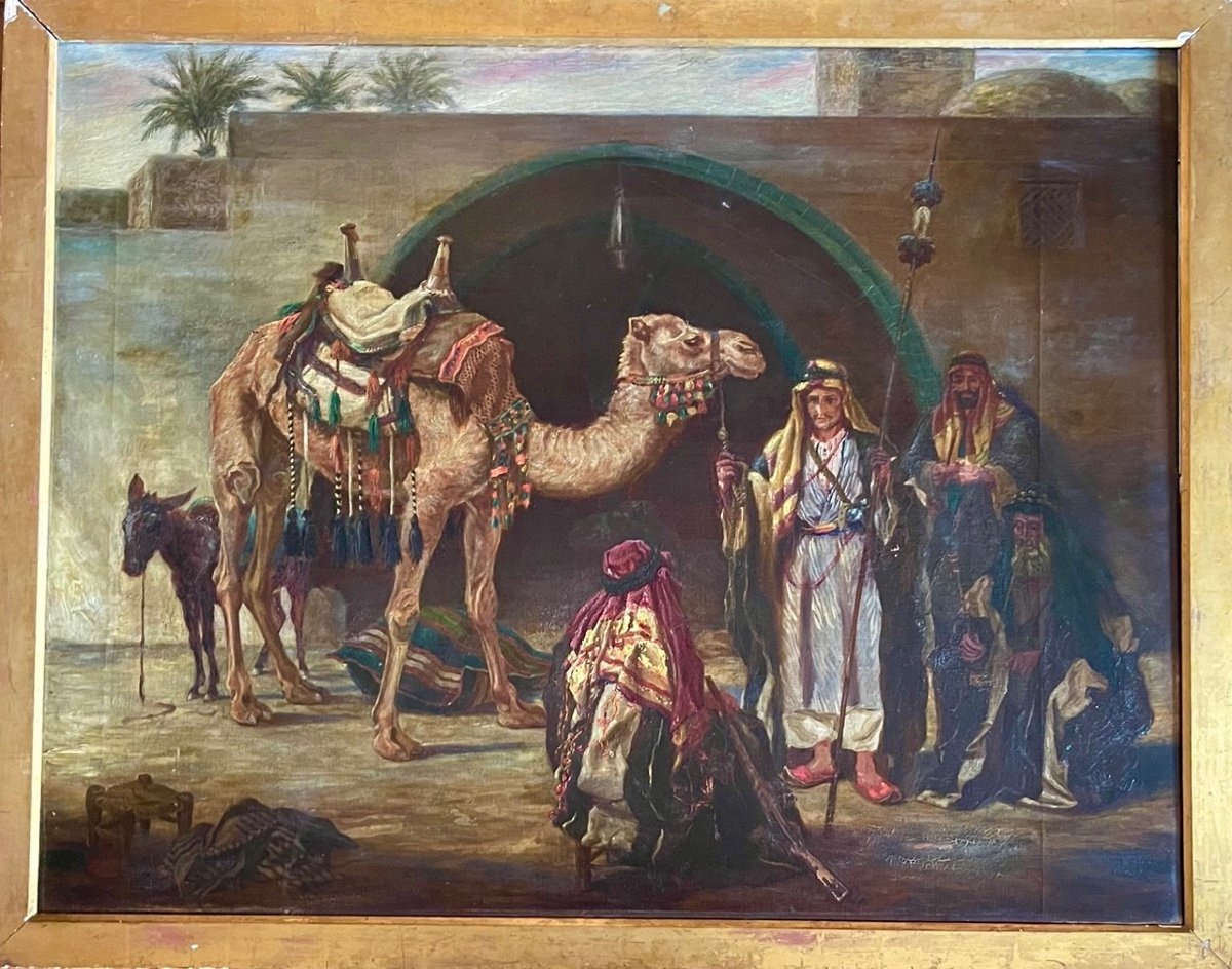 Orientalist Painting - English School 19th Century - "camel And Bedouins"