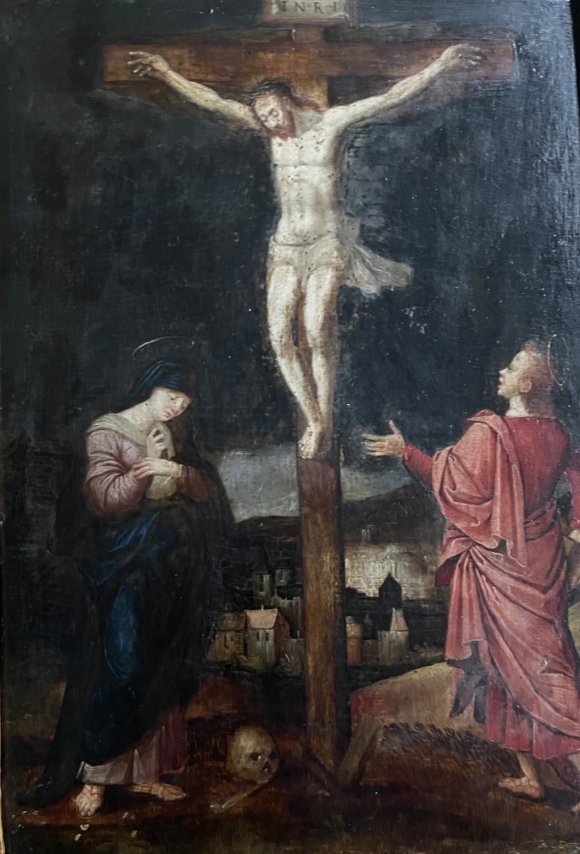 Flemish School End Of The 16th Century - Oil On Panel Representing The Crucifixion