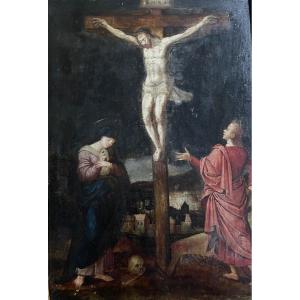 Flemish School End Of The 16th Century - Oil On Panel Representing The Crucifixion