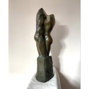Bronze Sculpture With Green Patina Representing An Embracing Couple