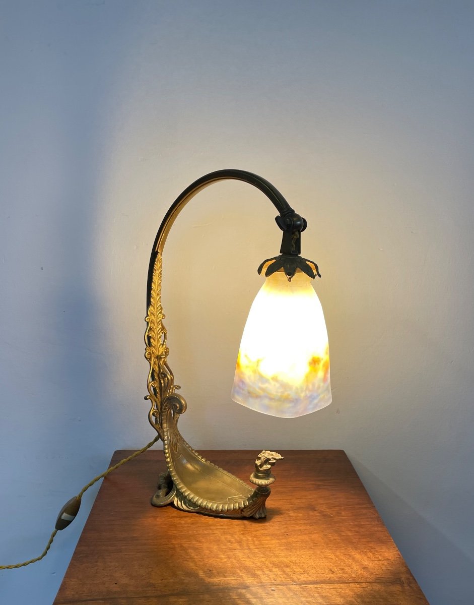 Lampe De Bureau En Bronze Doré Muller Vers 1900-photo-3