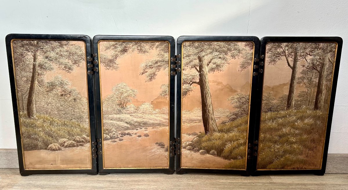 Japanese Black Lacquered And Silk Screen Circa 1900