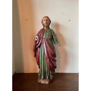 Sculpture En Bois Sculpté Polychrome Représentant Joseph